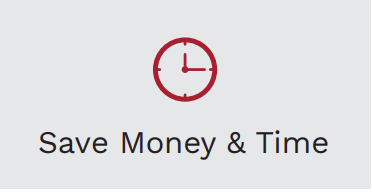 A red clock that says "save money & time" below it.